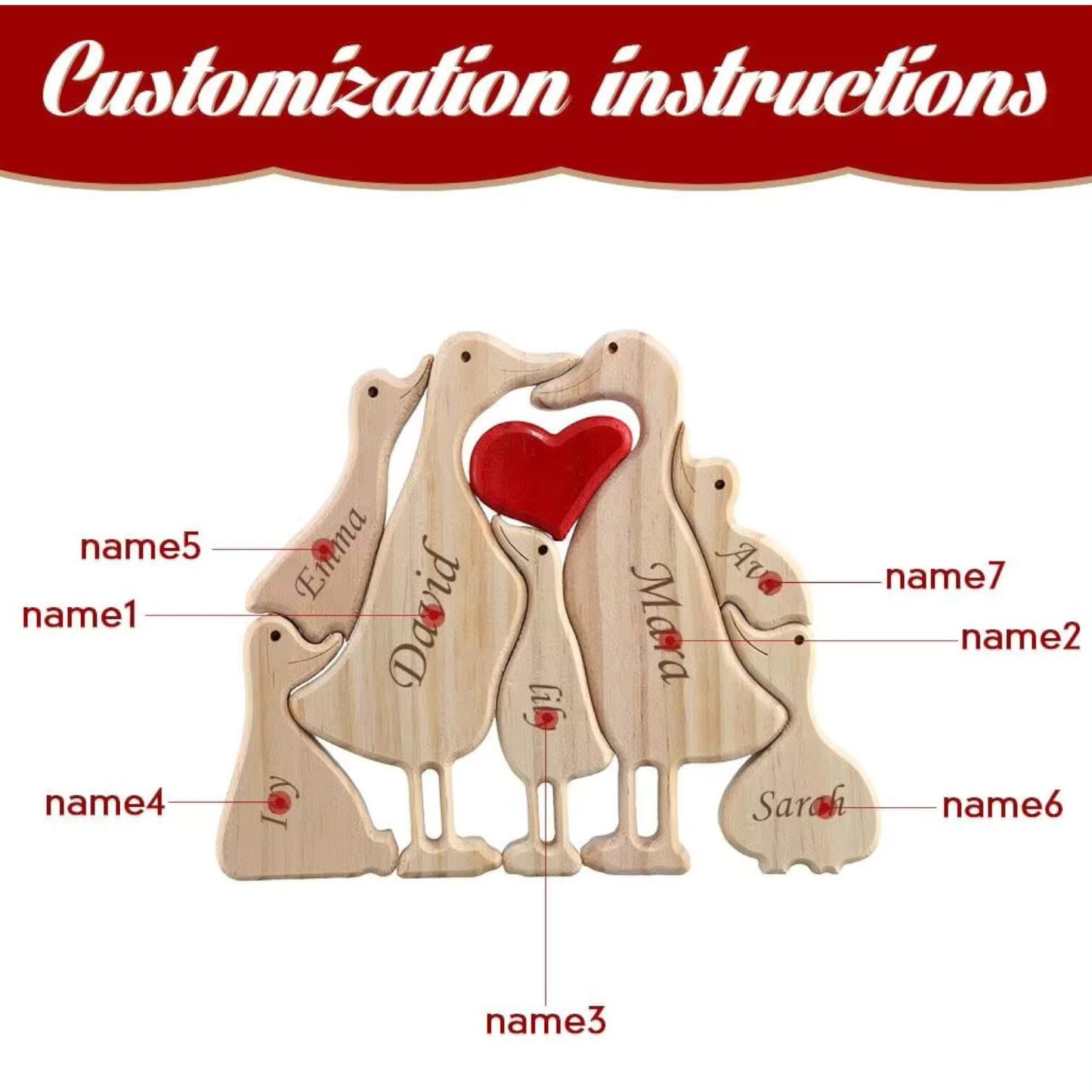 Wooden family figurine with heart, customization labels, and red heart in the center.