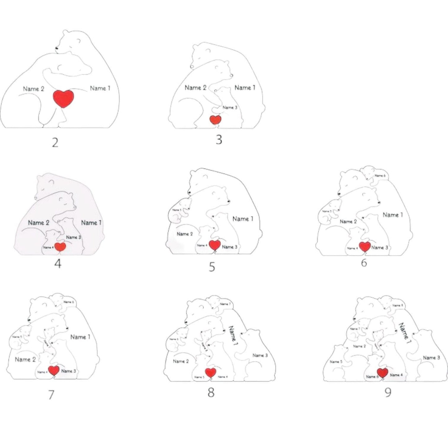 Handcrafted wooden bear family keepsake in premium pine displaying all versions