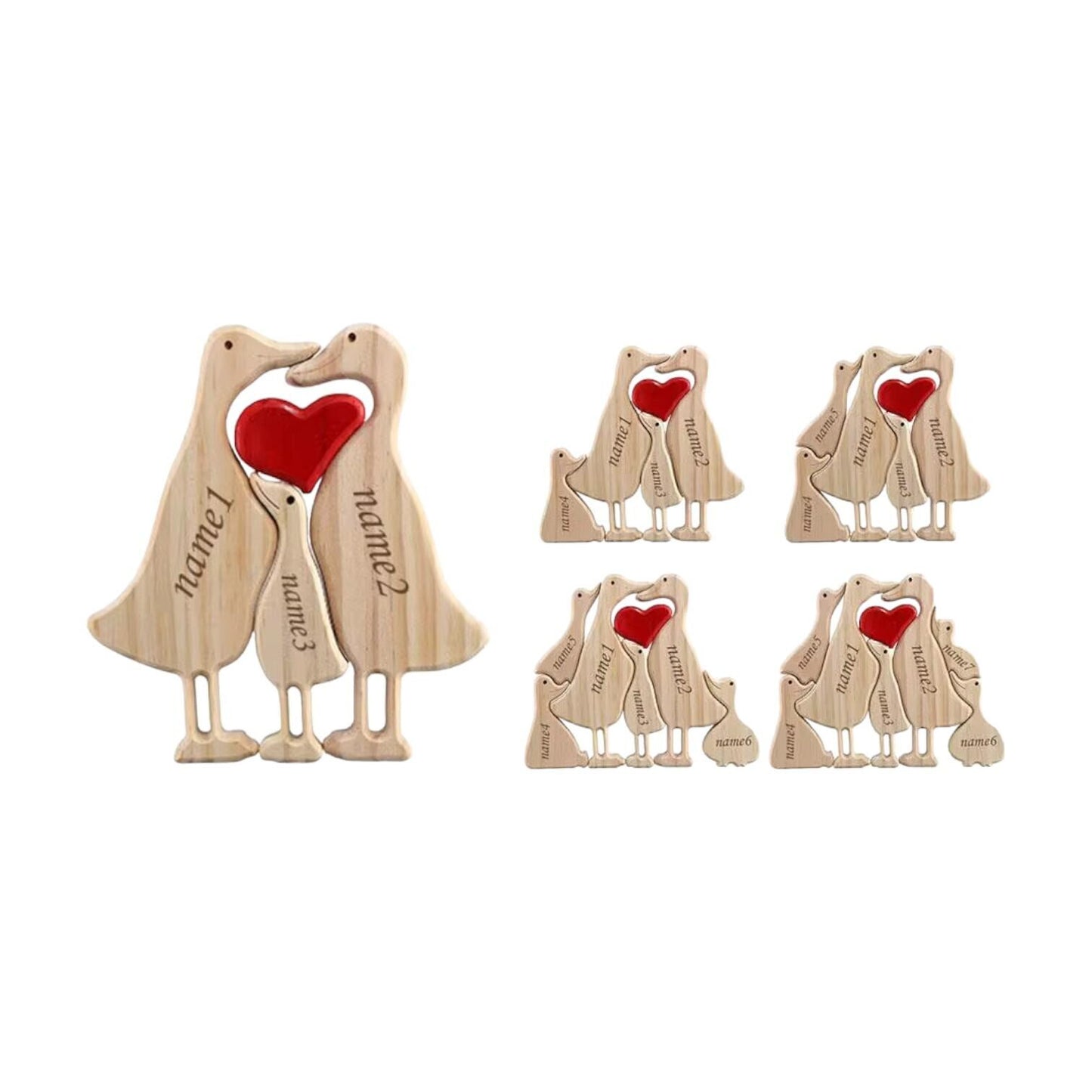 Wooden cutouts of a couple holding hands with a red heart, personalized with names.