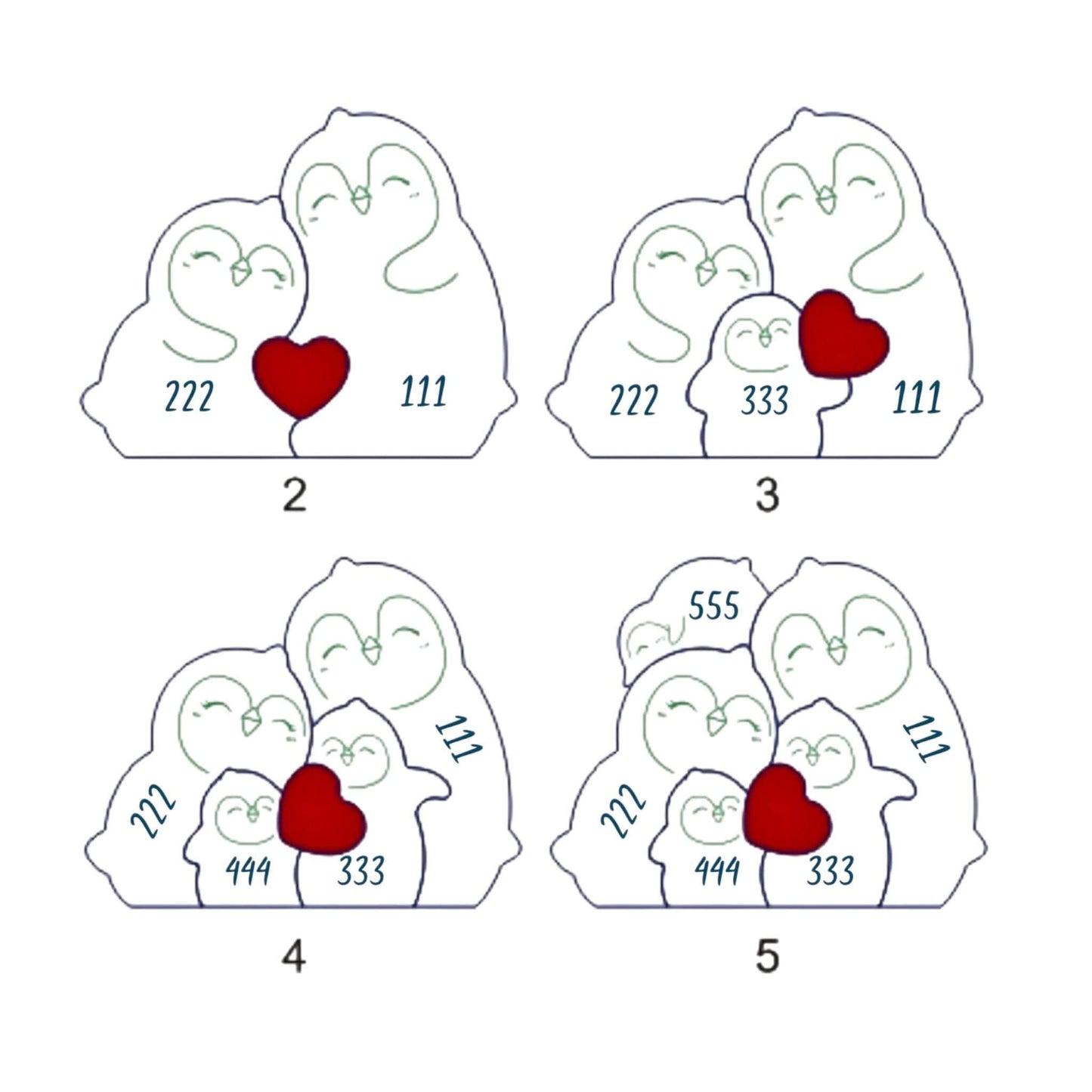 Illustrations of penguins with heart shapes and numbers on a white background
