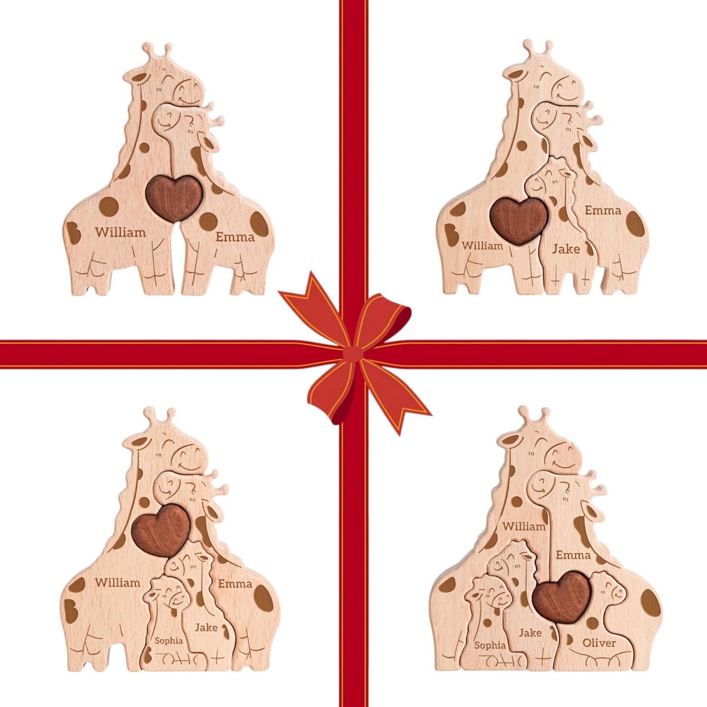 Premium pine wood giraffe family puzzle showing handcrafted detail