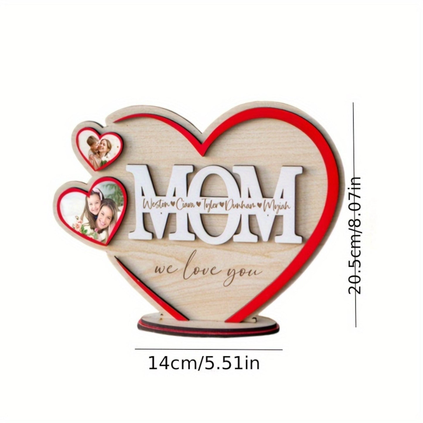 Heart-shaped wooden photo frame with 'MOM we love you' text and cut-out photos on a white background.