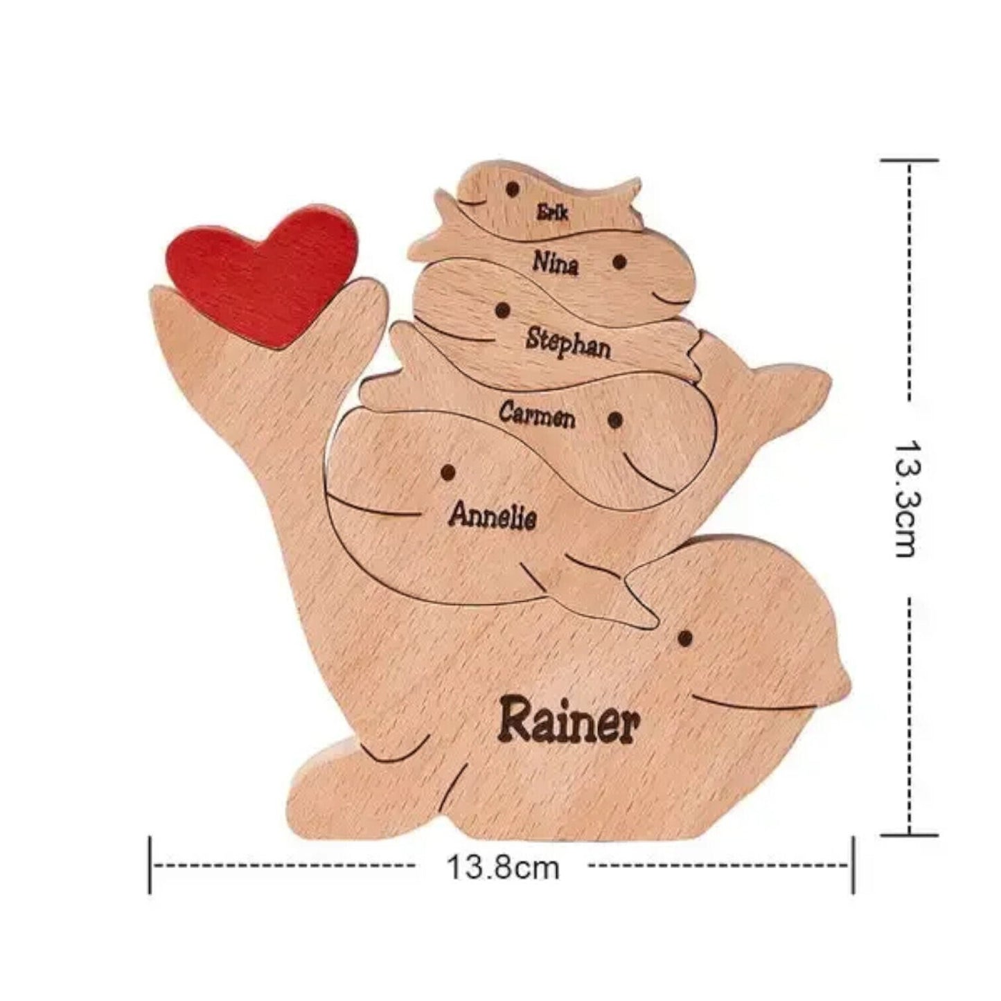 Premium pine wood whale family ornament showing handcrafted quality detail