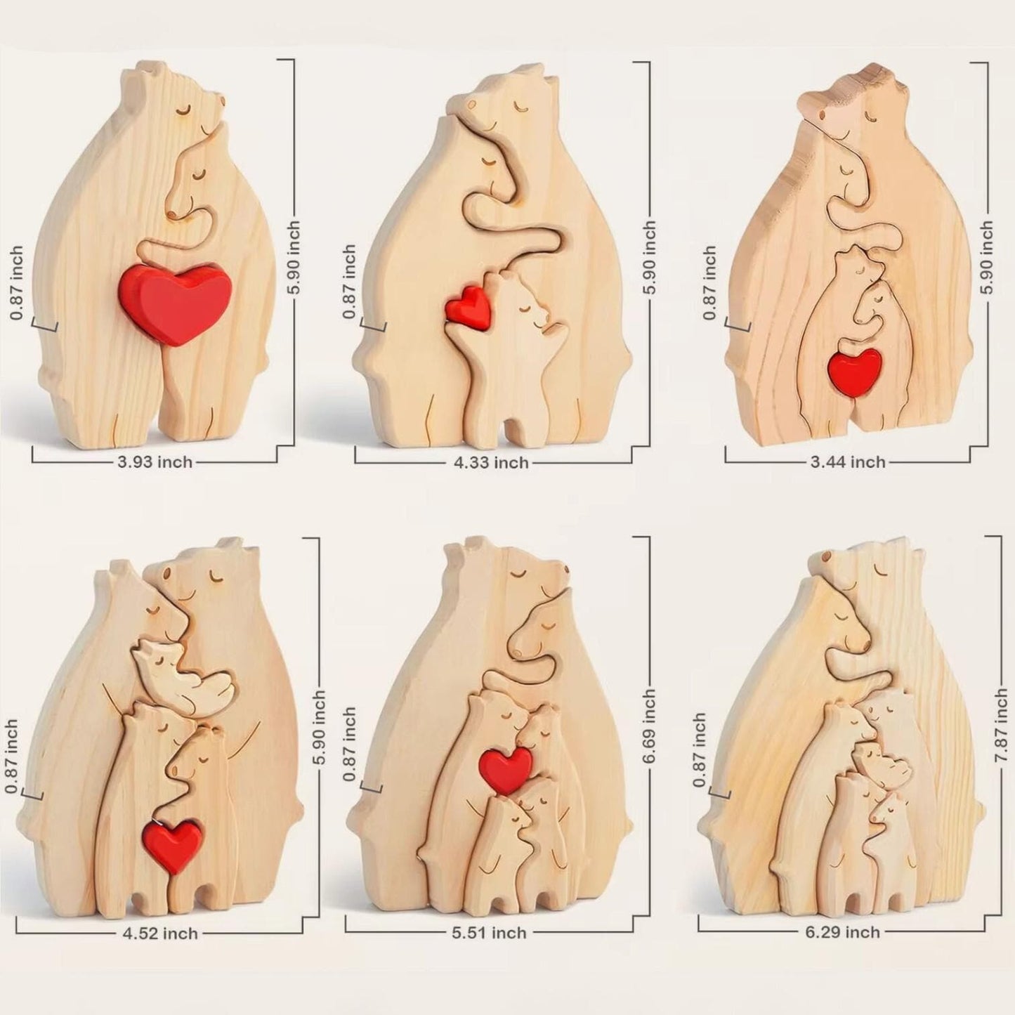Showing measurements for a personalised bear family wooden keepsake gift for Mother's Day or Christmas