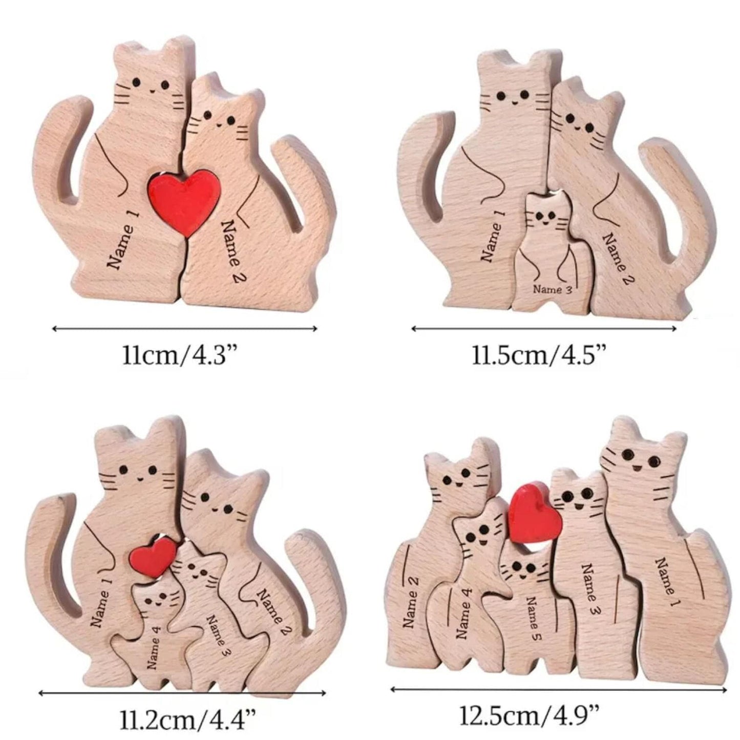Set of wooden cat family figures with hearts, showing different sizes.