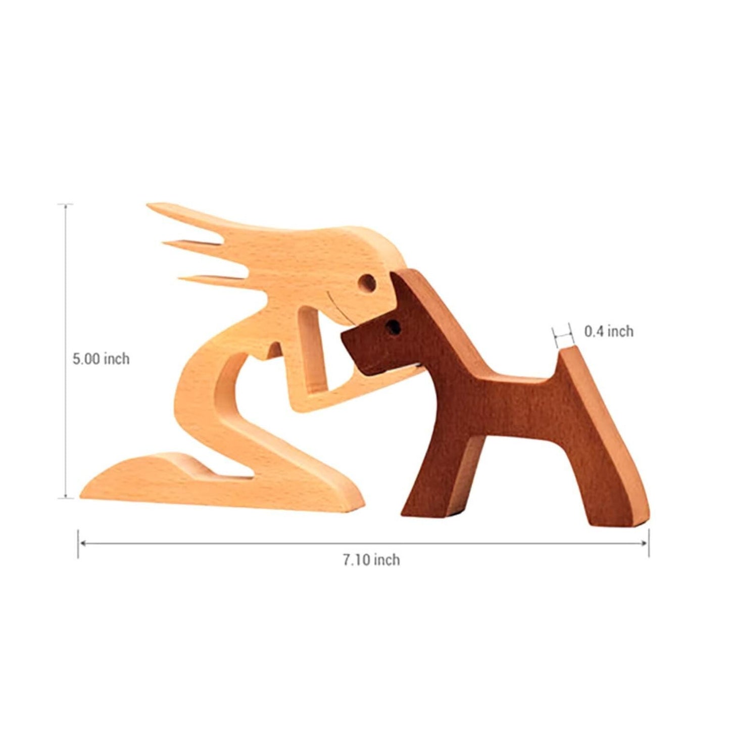 Wooden dog figurine with measurements on a white background
