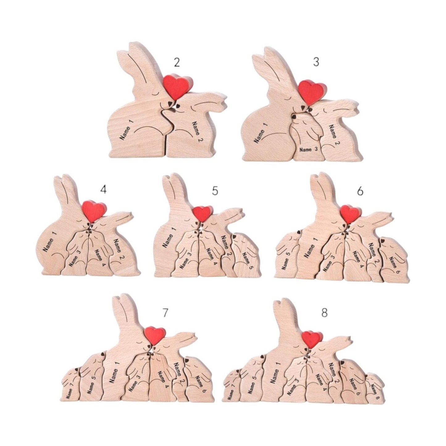 Set of wooden rabbit puzzles for size guide on a white background