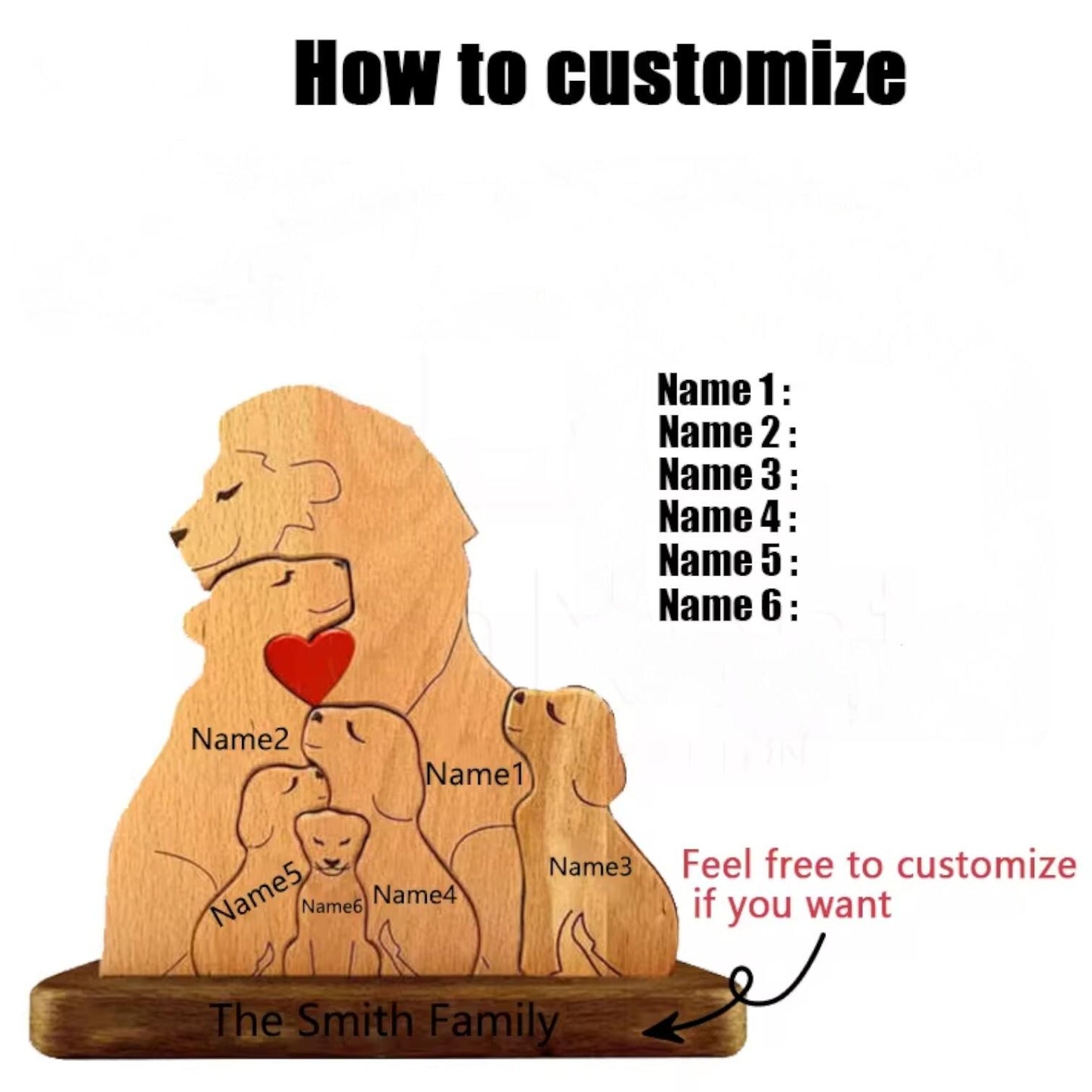 Wooden family portrait with space to customize names, featuring a lion and its cubs.