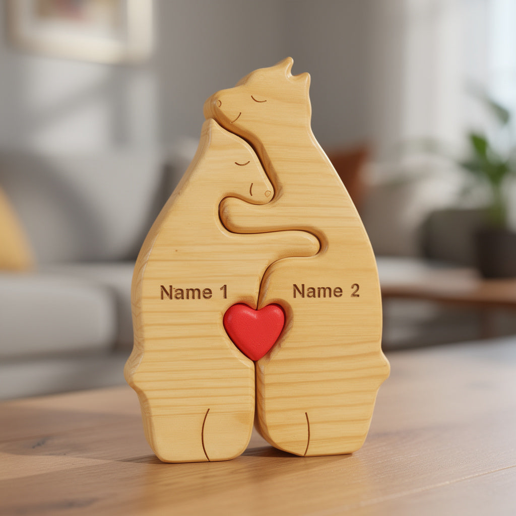 Personalised bear family wooden puzzle for 2 people with custom engraved names