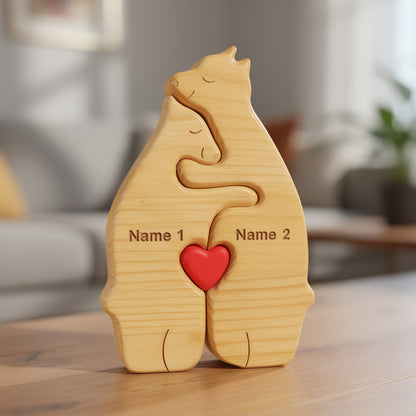 Personalised bear family wooden puzzle for 2 people with custom engraved names