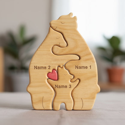 Personalised bear family wooden puzzle for 3 people with custom engraved names