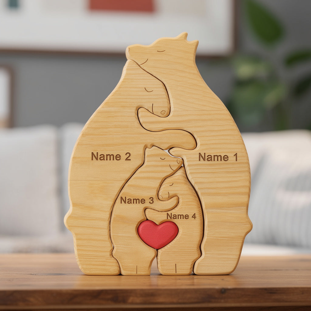 Personalised bear family wooden puzzle for 4 people with custom engraved names