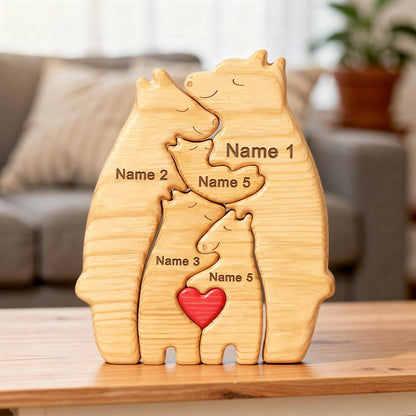Personalised bear family wooden puzzle for 5 people with custom engraved names