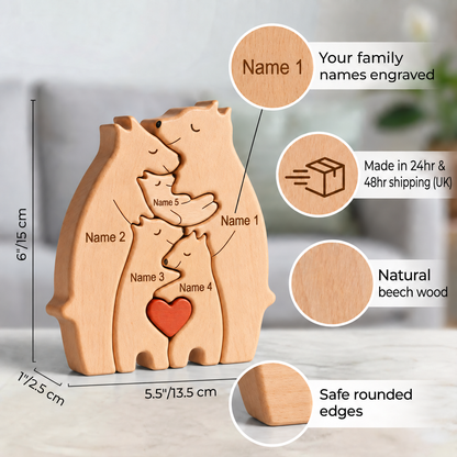 MyFamilyPuzzle personalised wooden bear family puzzle size guide showing a five-piece engraved family keepsake in natural beech wood with Name 1, Name 2, Name 3, Name 4 and Name 5, red heart detail, safe rounded edges, personalised family names, 24hr production and 48hr UK shipping. Approx. 15cm high x 13.5cm wide x 2.5cm thick. Personalised wooden family gift for mum, dad, new baby, grandparents, adoption, birthdays, Christmas, Mother's Day and family keepsake gifts. UK handmade gift.