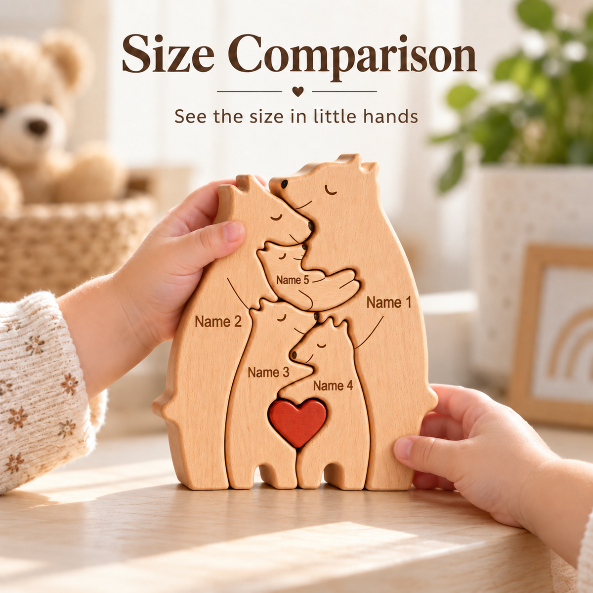 MyFamilyPuzzle personalised wooden bear family puzzle shown in a child’s hands for realistic size comparison, featuring five interlocking beech wood bear pieces, engraved Name 1, Name 2, Name 3, Name 4 and Name 5, plus a red heart detail and smooth rounded edges. Handmade personalised family keepsake and wooden puzzle gift for mum, dad, parents, grandparents, new baby, adoption, birthdays, Christmas, Mother’s Day, Father’s Day and meaningful personalised family gifts. UK handmade gift.