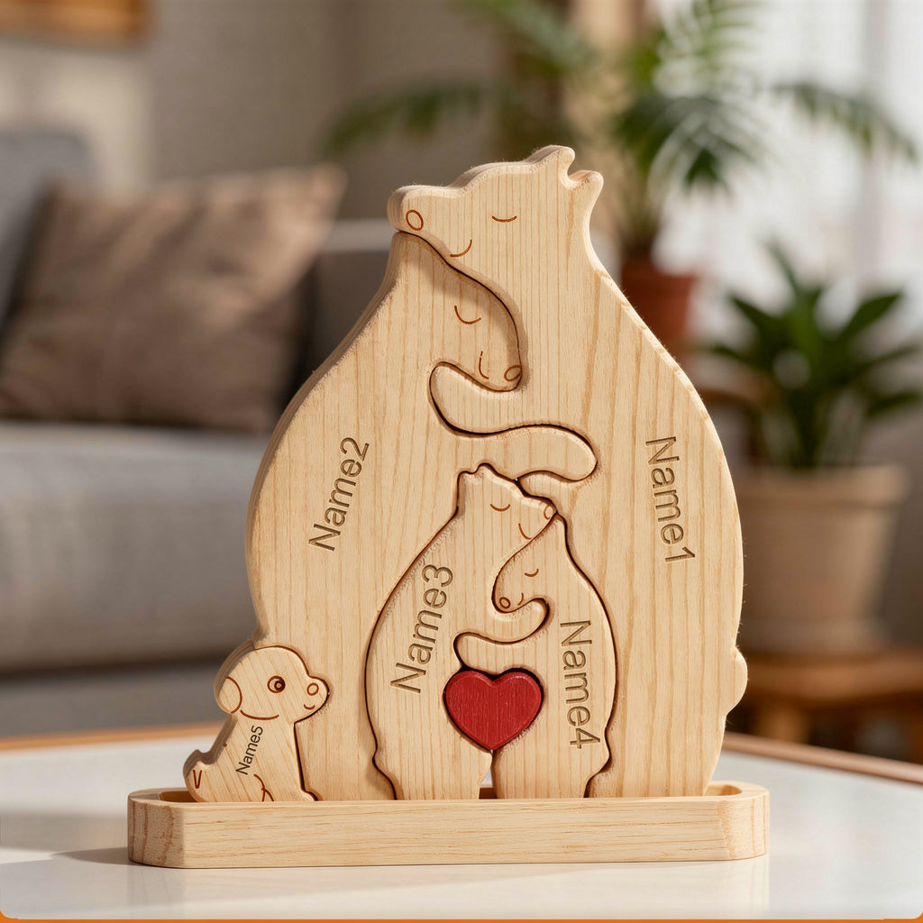 Personalised bear family puzzle with a dog for 4 people and dog with custom engraved names on a wood base