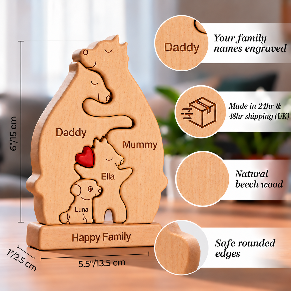 Personalized natural beech wood family puzzle block shaped like a mother hen, her three chicks, and a red heart, shown with dimension lines and feature callouts on a blurred indoor background.