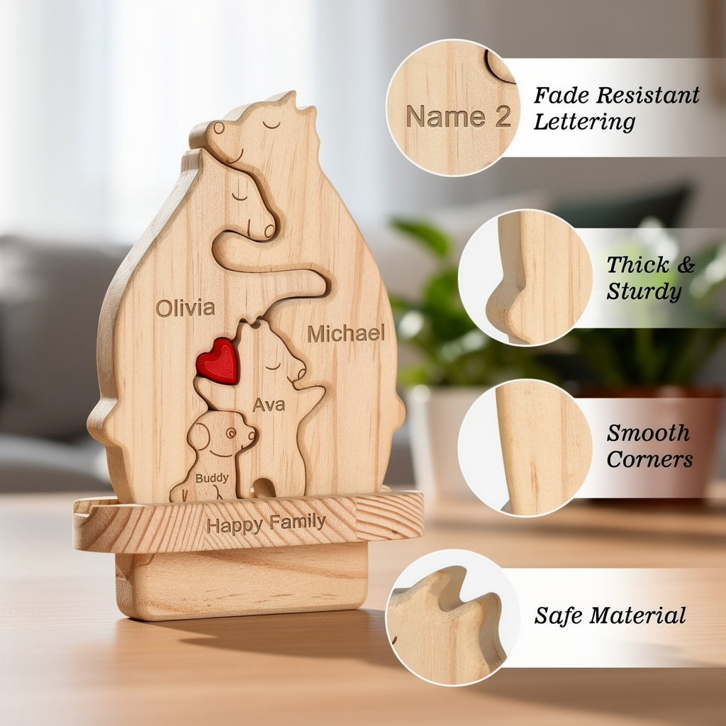Wooden family puzzle with names and a heart symbol, surrounded by features of the product.