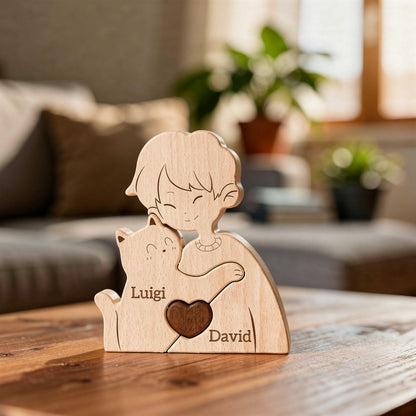 Personalised cat and boy wooden puzzle for child with cat and custom names on a wood shelf