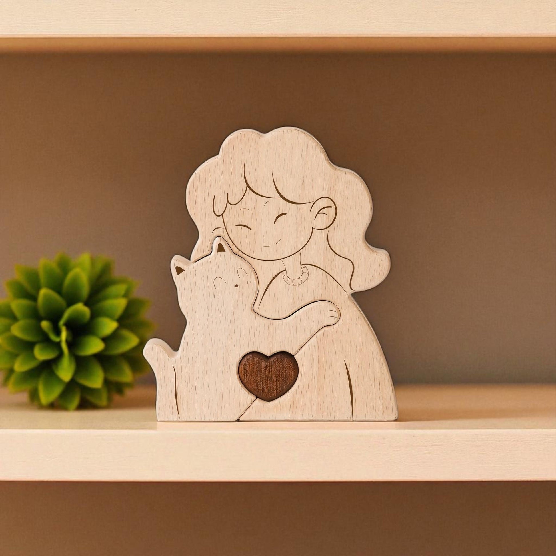 Cat and girl puzzle displayed as thoughtful gift for cat loving family on a shelf
