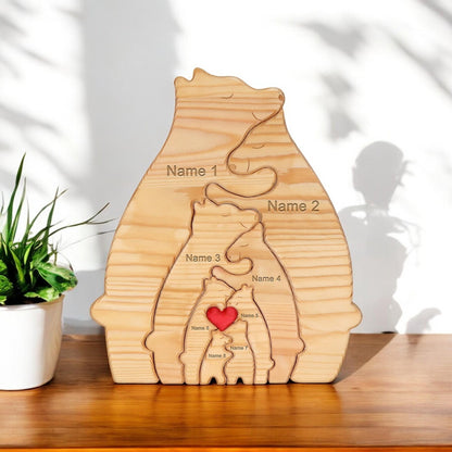 Close up of custom engraved names on bear family puzzle with stand
