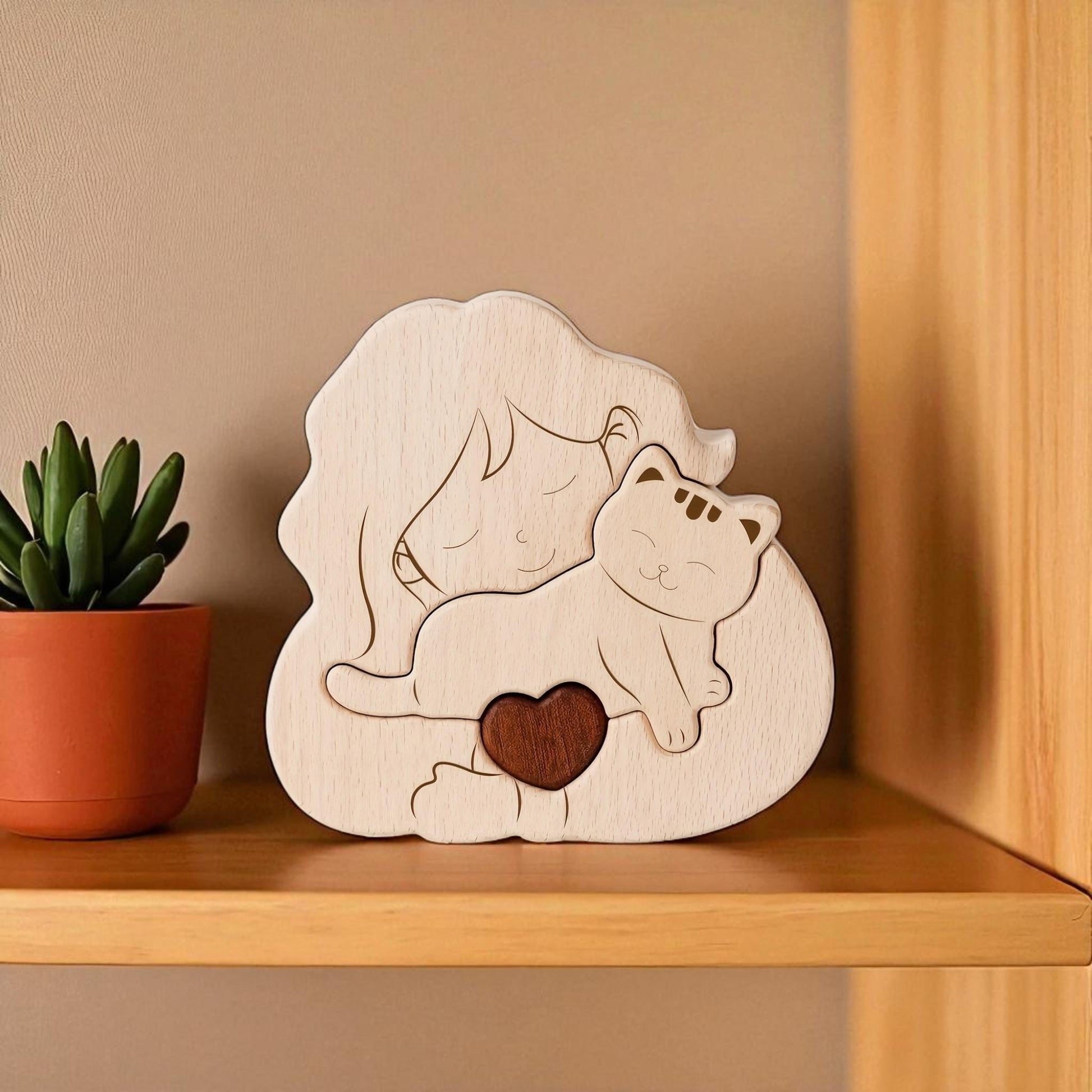 Close up of custom engraved names on wooden cat and children puzzle