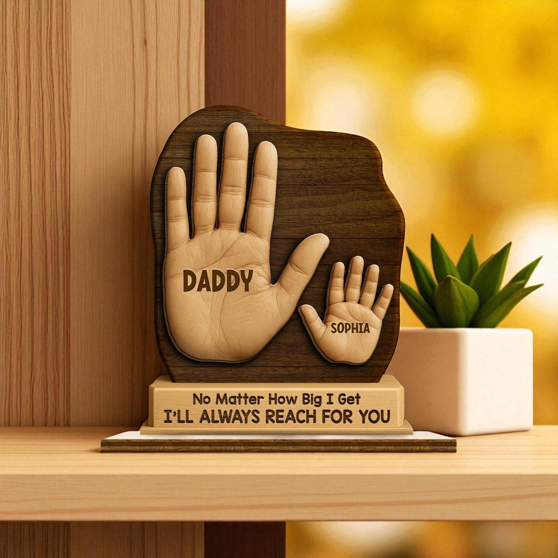 Wooden plaque with handprints and engraved text on a wooden surface with a blurred background, Close up of personalised children names engraved on dad handprint plaque
