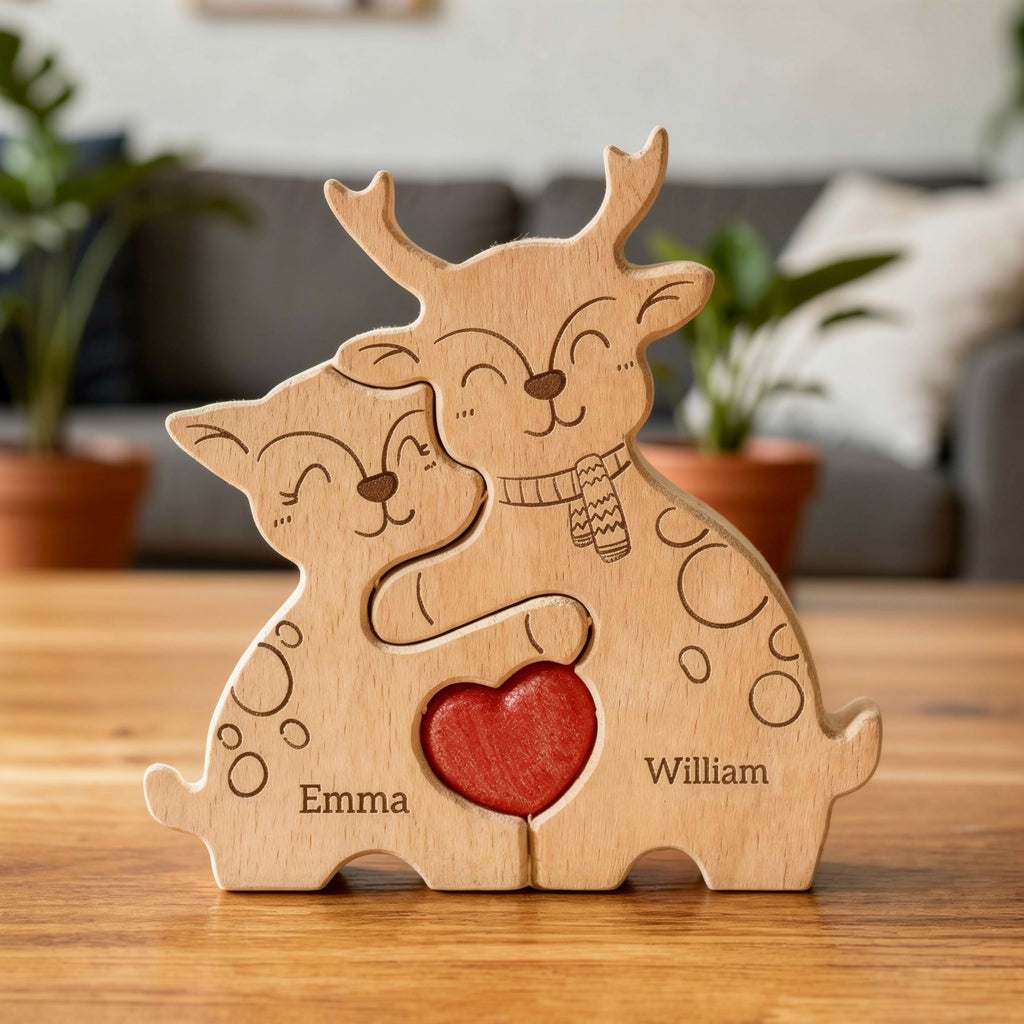 Personalised deer family wooden puzzle two piece couple with custom names