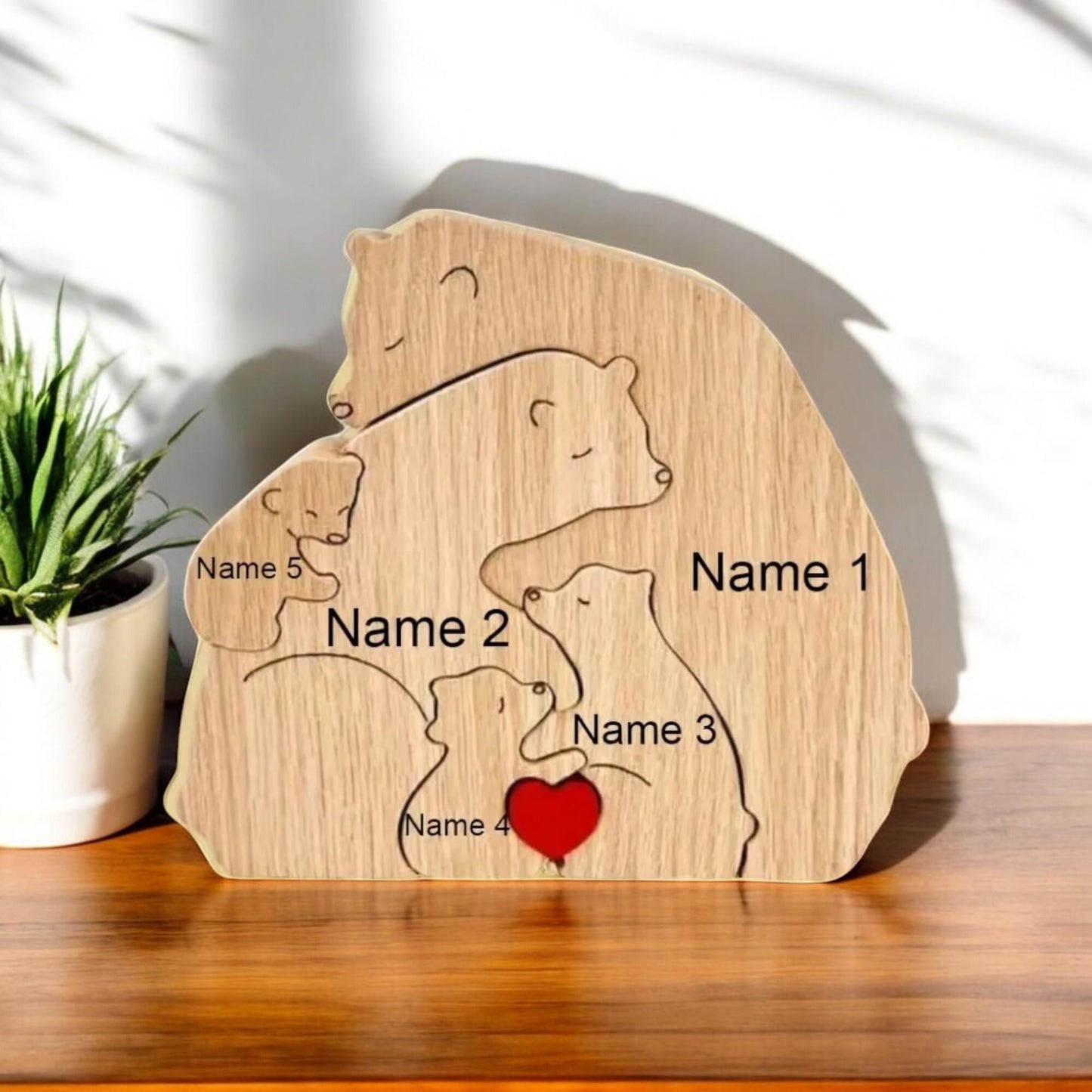 Custom bear family ornament with stand for five person family with names
