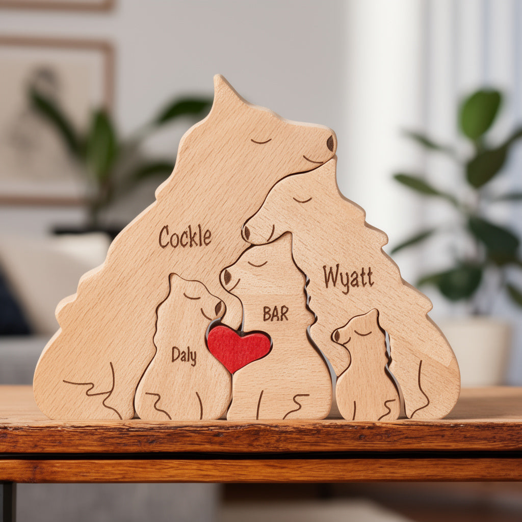 Custom wolf family ornament for family of five with personalised names, sitting on a wooden surface.
