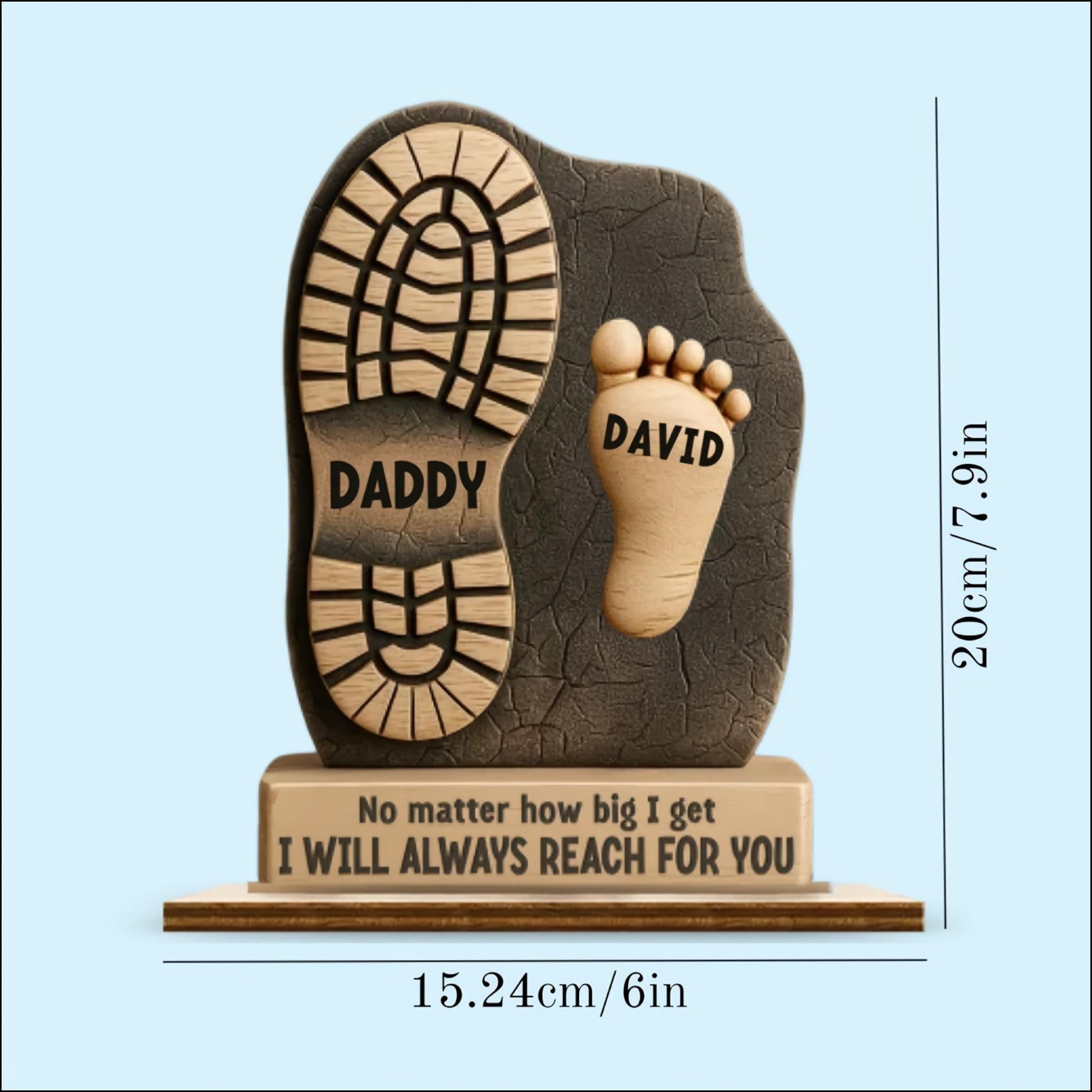 Dad footprint plaque measurements and size guide 