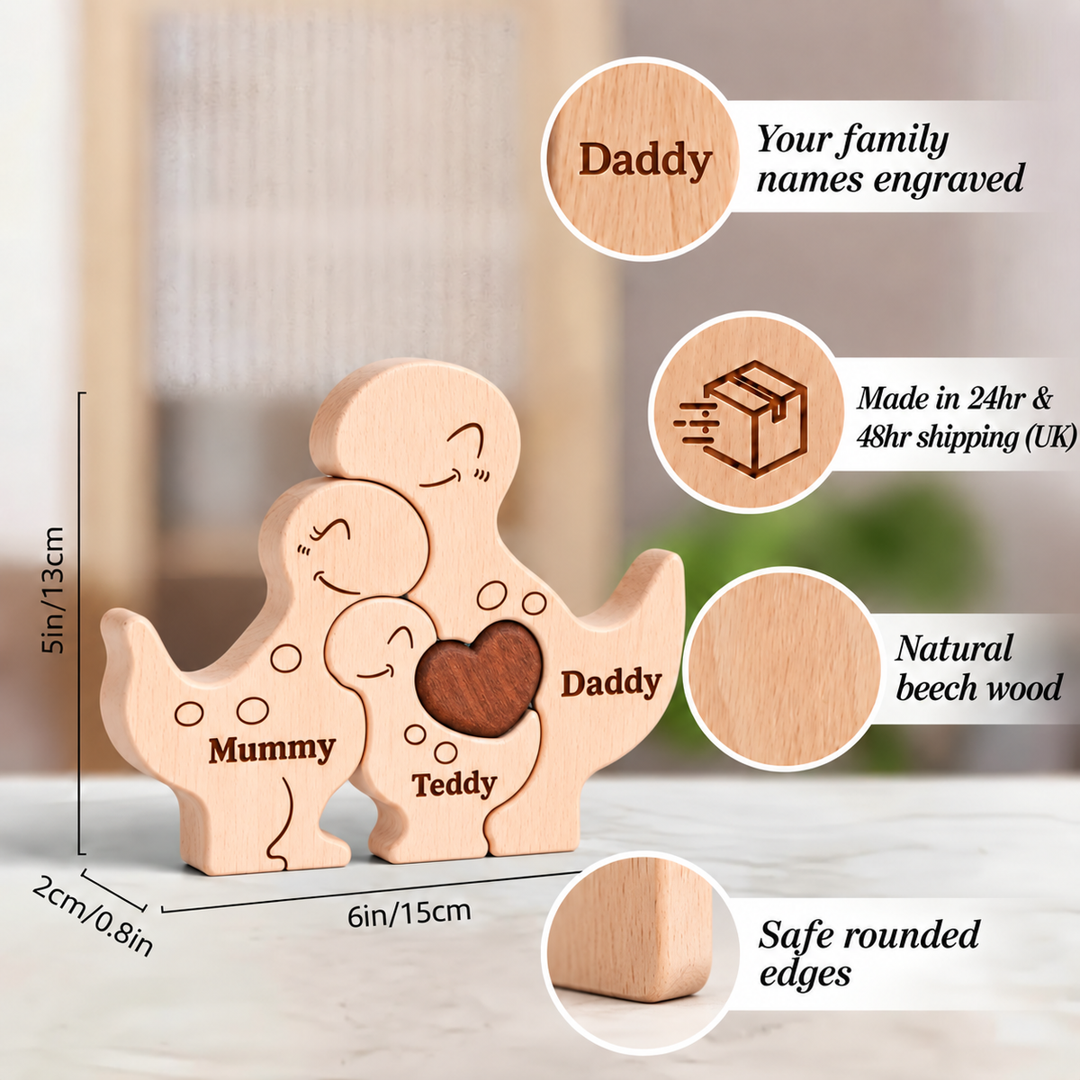 Natural beech wood family-shaped wooden block puzzle with engraved names 'Mummy' and 'Daddy' and a heart-shaped piece labeled 'Teddy'. The image includes dimension callouts (5in/13cm height, 6in/15cm base, 2cm/0.