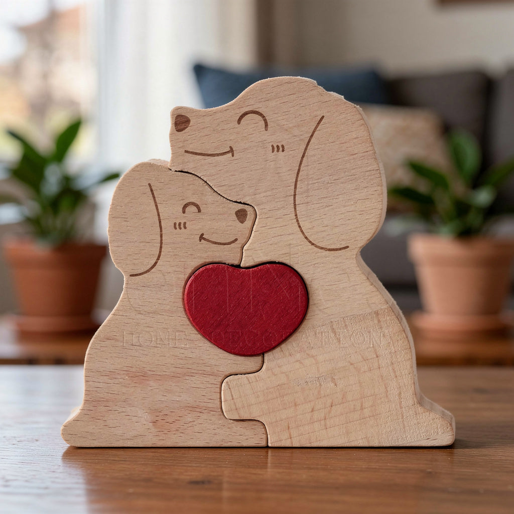 Wooden family puzzle of dog figurines with two pieces and a red heart, standing on a table with plants in the background, All names are custom engraved for the family member names.