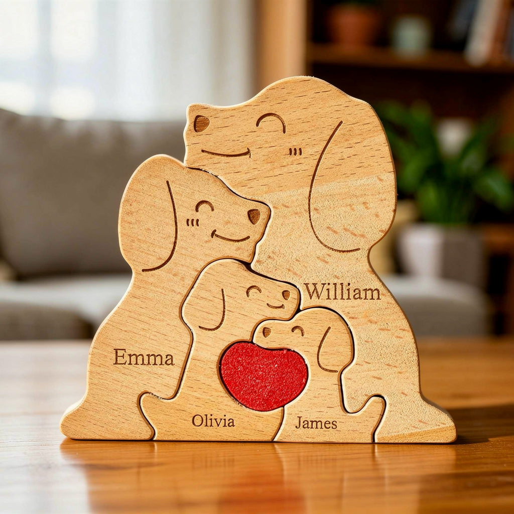 Wooden family puzzle of dog figurines with four pieces and a red heart, standing on a table with plants in the background.