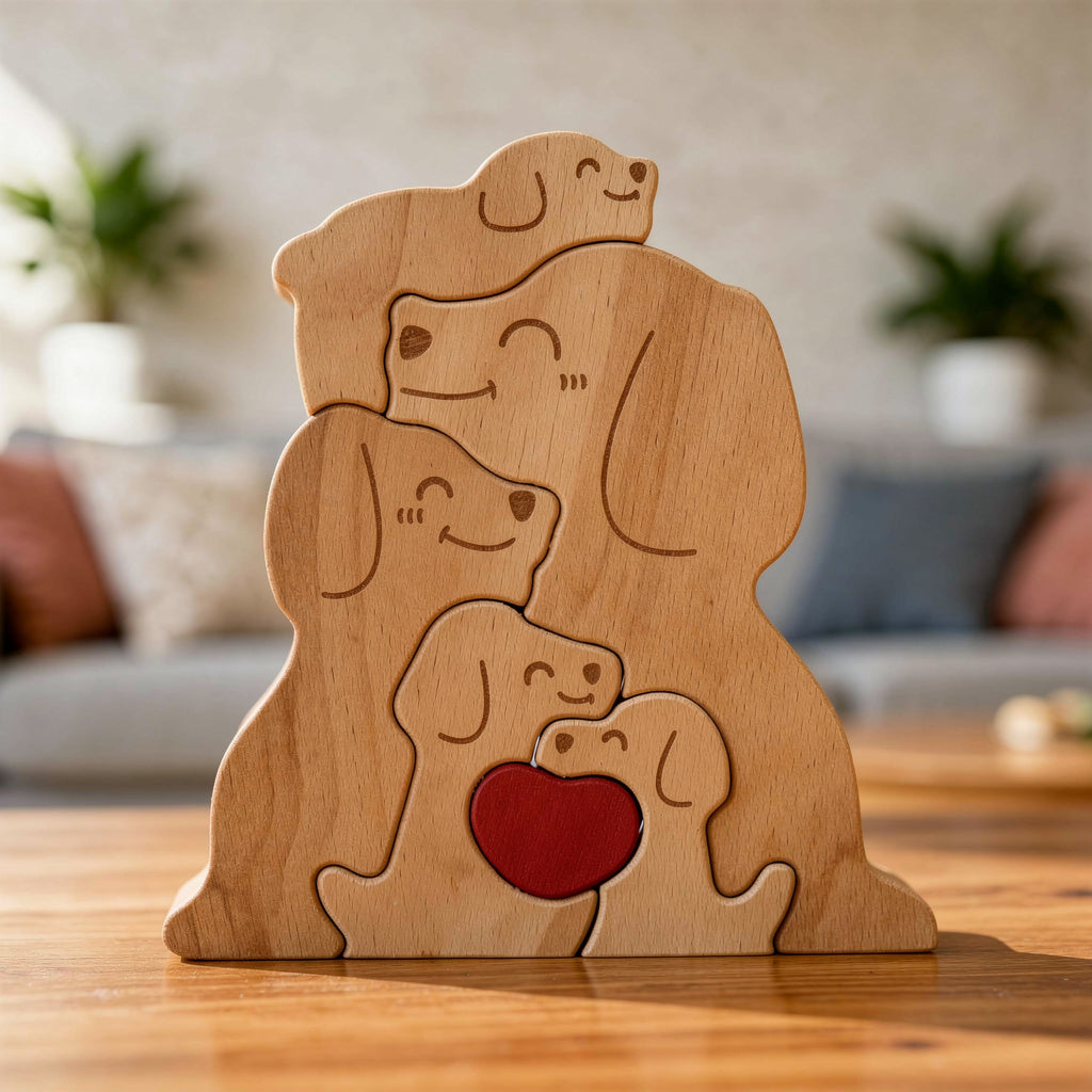Wooden family puzzle of dog figurines with five pieces and a red heart, standing on a table with plants in the background, All names are custom engraved for the family member names.