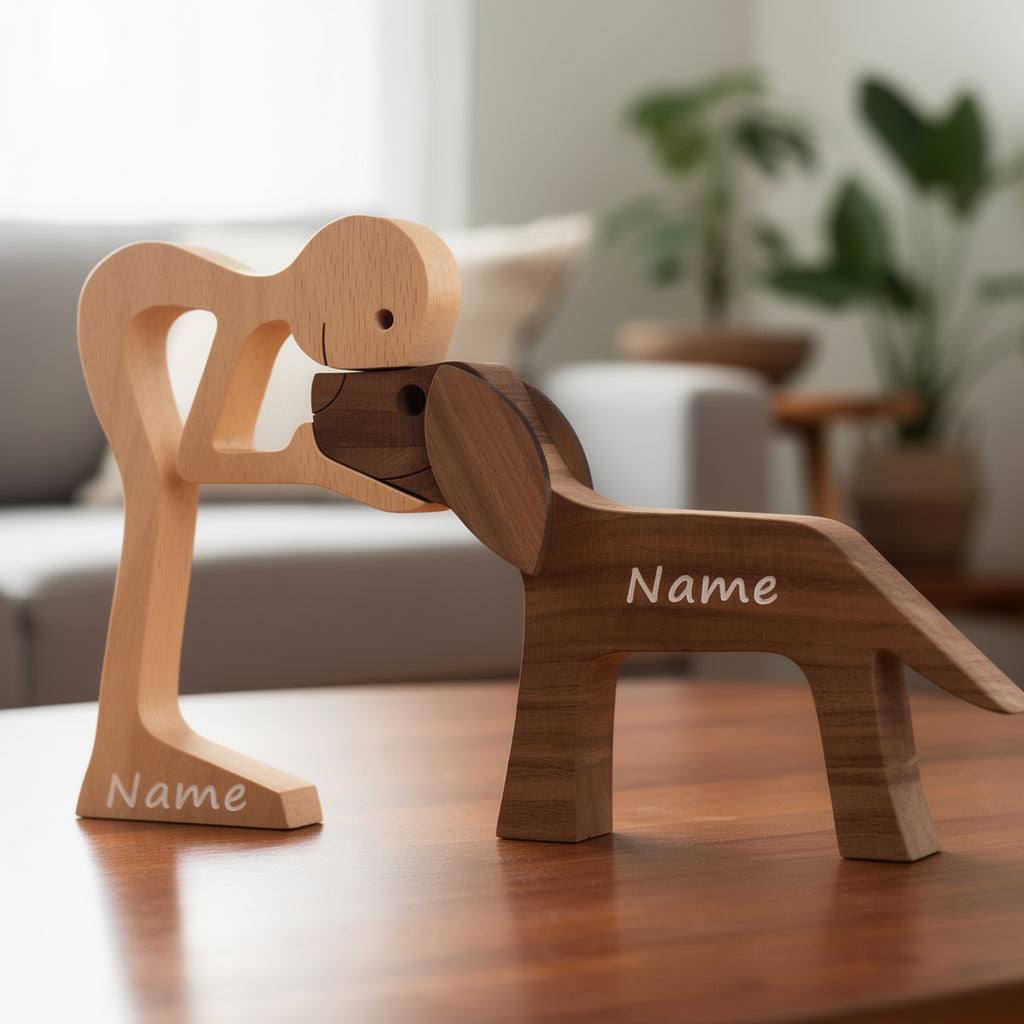 Personalized wooden dog memorial figurine with engraved name, handcrafted pet remembrance keepsake symbolizing love and loss, ideal sympathy gift or pet memorial décor.