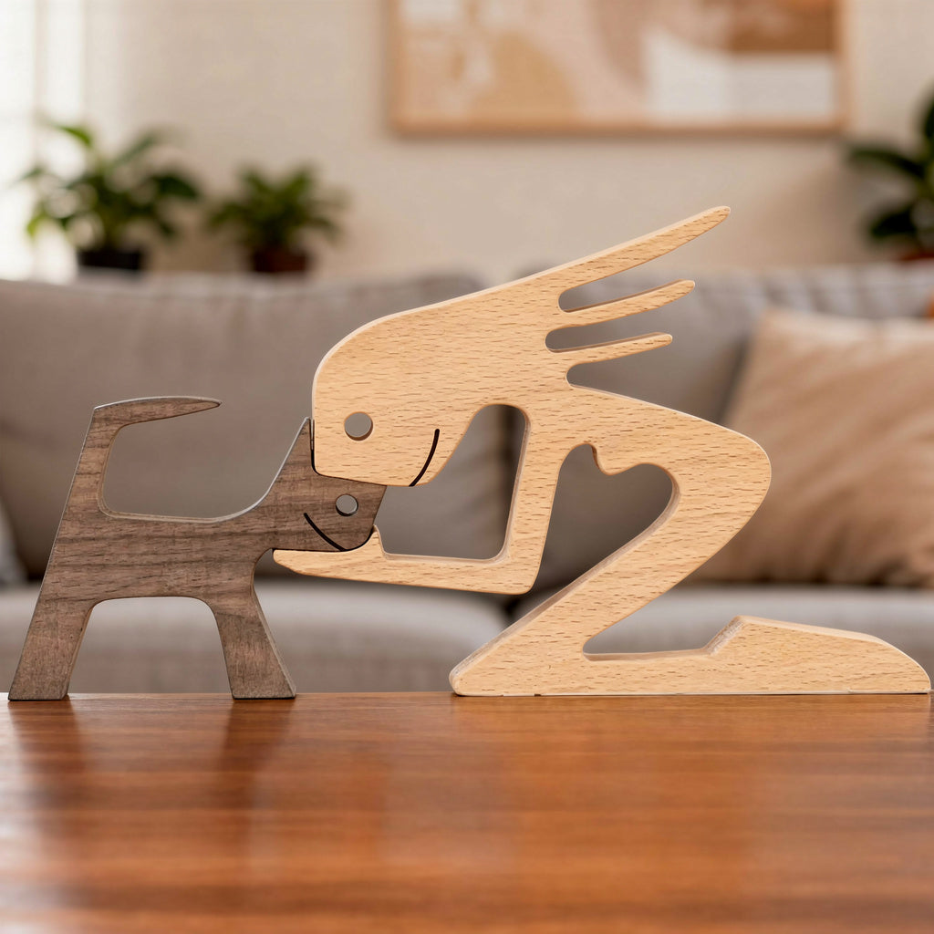 Personalized wooden dog memorial figurine with engraved name, handcrafted pet remembrance keepsake symbolizing love and loss, ideal sympathy gift or pet memorial décor.