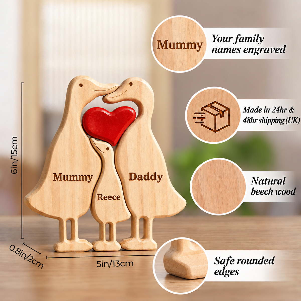 MyFamilyPuzzle personalised duck family puzzle size guide, showing three solid beech wood ducks engraved Mummy, Daddy and Reece with a red wooden heart. Measurements: 6in/15cm high, 5in/13cm wide and 0.8in/2cm thick. Close-ups show engraved family names, natural beech wood and safe rounded edges, alongside UK delivery information. A personalised wooden family keepsake for a new mum gift, new baby gift or baby shower gift.