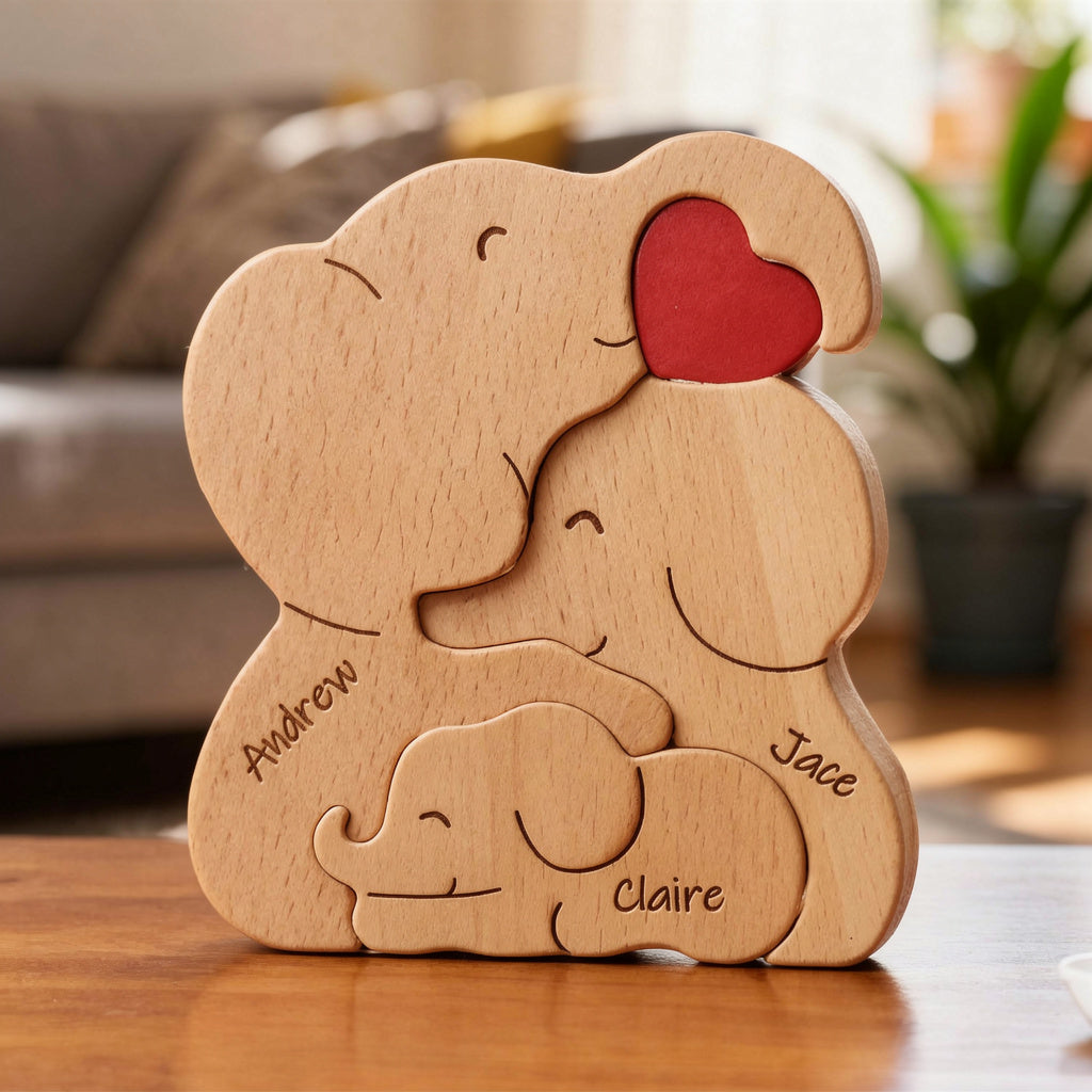 Personalized wooden elephant family figurine with engraved names and heart detail, a meaningful family keepsake and custom gift for parents, children, anniversaries, or home décor.
