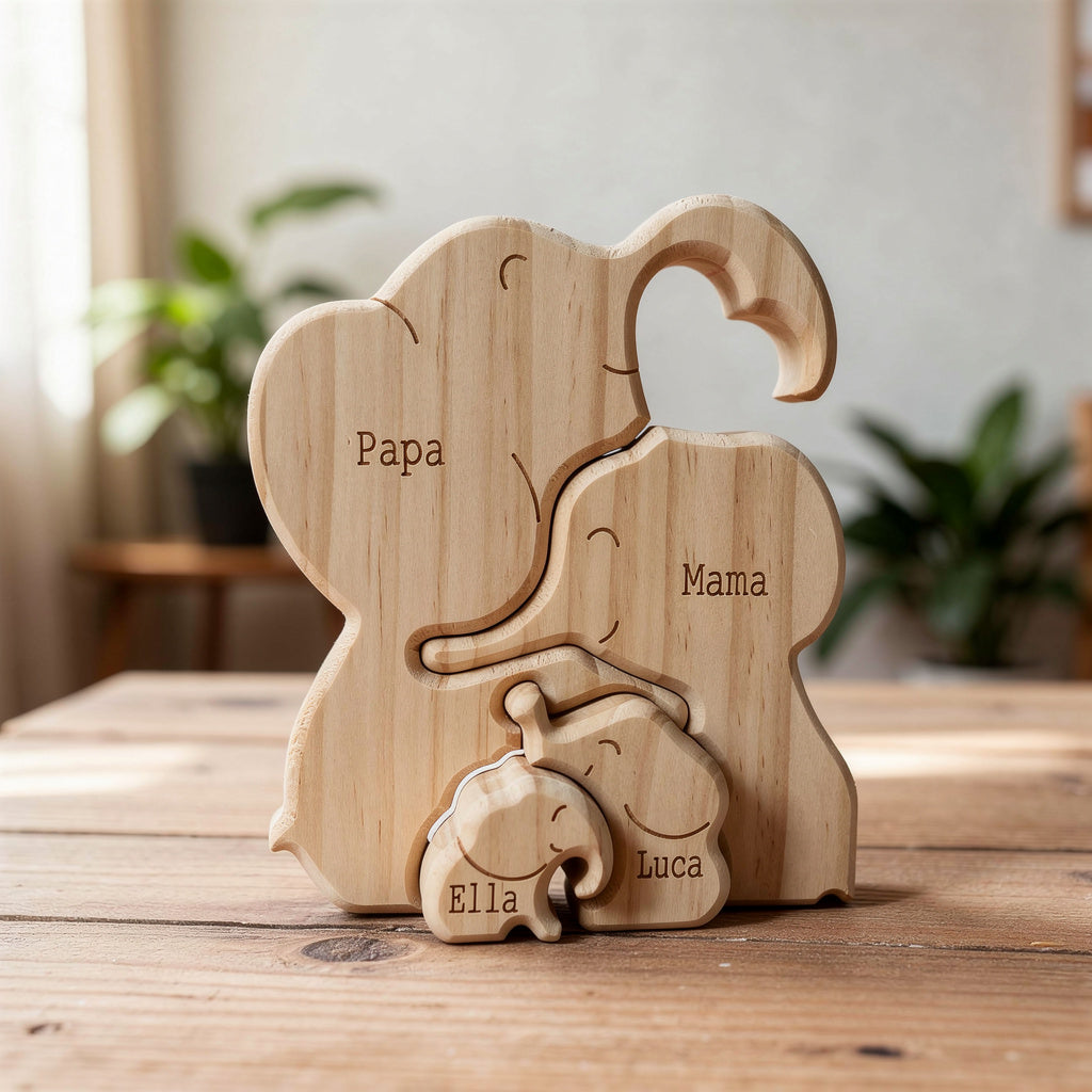 Personalized wooden elephant family figurine with engraved names and heart detail, a meaningful family keepsake and custom gift for parents, children, anniversaries, or home décor.
