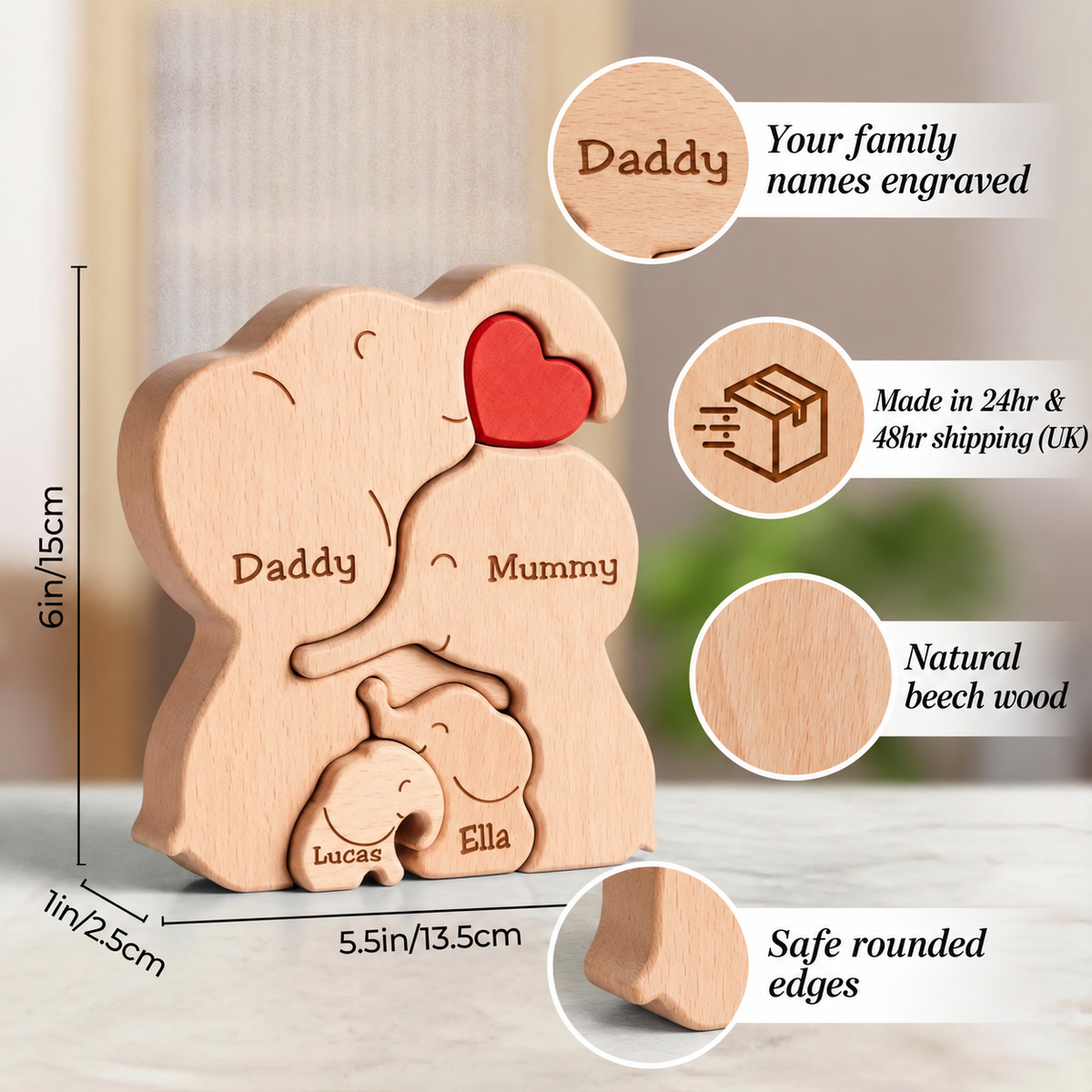 Size guide for a personalised wooden elephant family puzzle of 4 with custom engraved names, handcrafted beech wood family keepsake and home décor. The puzzle features a red heart and is made of light-coloured wood. A unique and personalised gift.