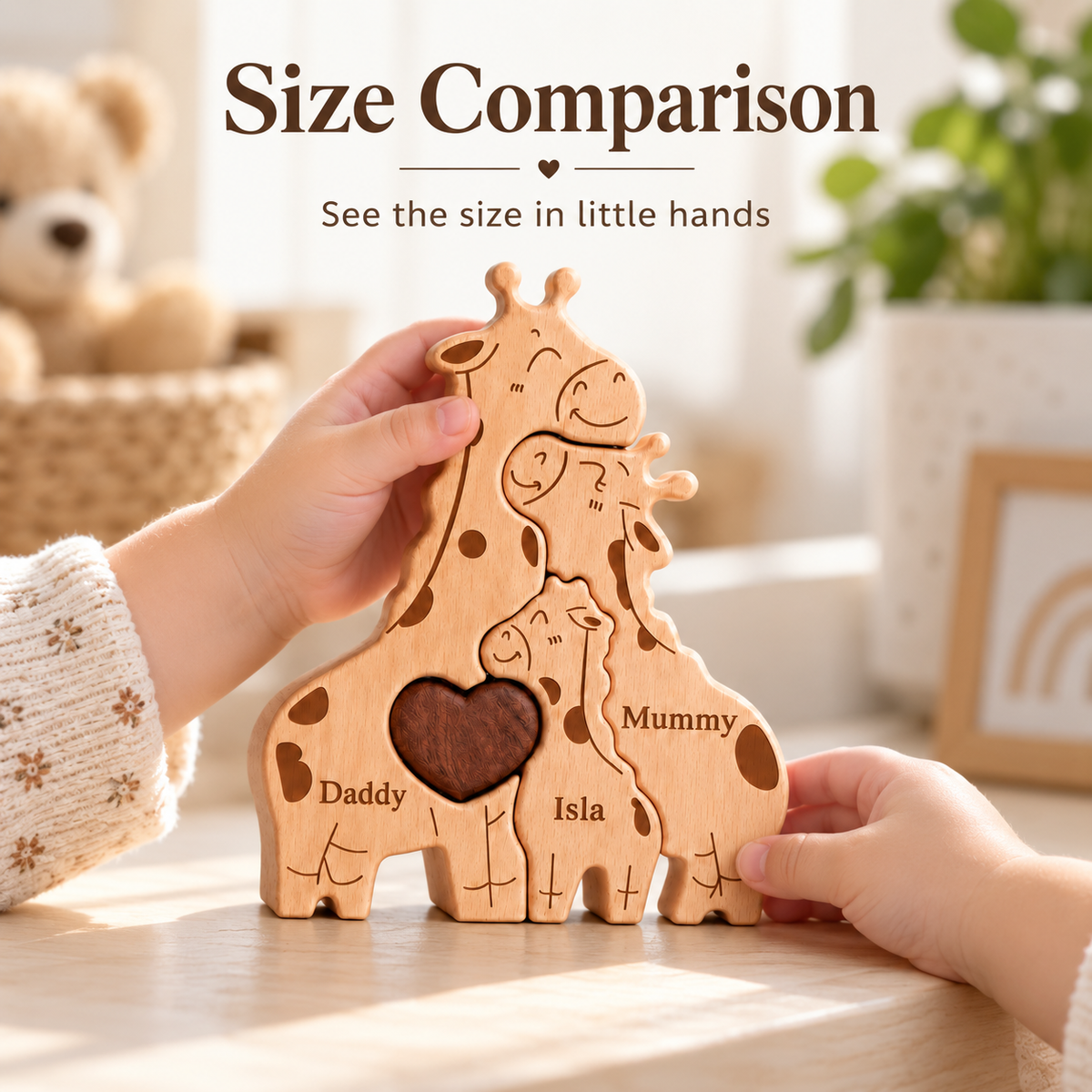 MyFamilyPuzzle personalised wooden giraffe family puzzle shown in a child’s hands for size comparison. Natural beech wood family keepsake engraved with Daddy, Mummy and Isla, featuring a wooden heart and smooth rounded edges. A meaningful personalised family gift for mums, new babies, birthdays, Christmas and family milestones.