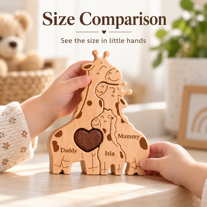 MyFamilyPuzzle personalised wooden giraffe family puzzle shown in a child’s hands for size comparison. Natural beech wood family keepsake engraved with Daddy, Mummy and Isla, featuring a wooden heart and smooth rounded edges. A meaningful personalised family gift for mums, new babies, birthdays, Christmas and family milestones.