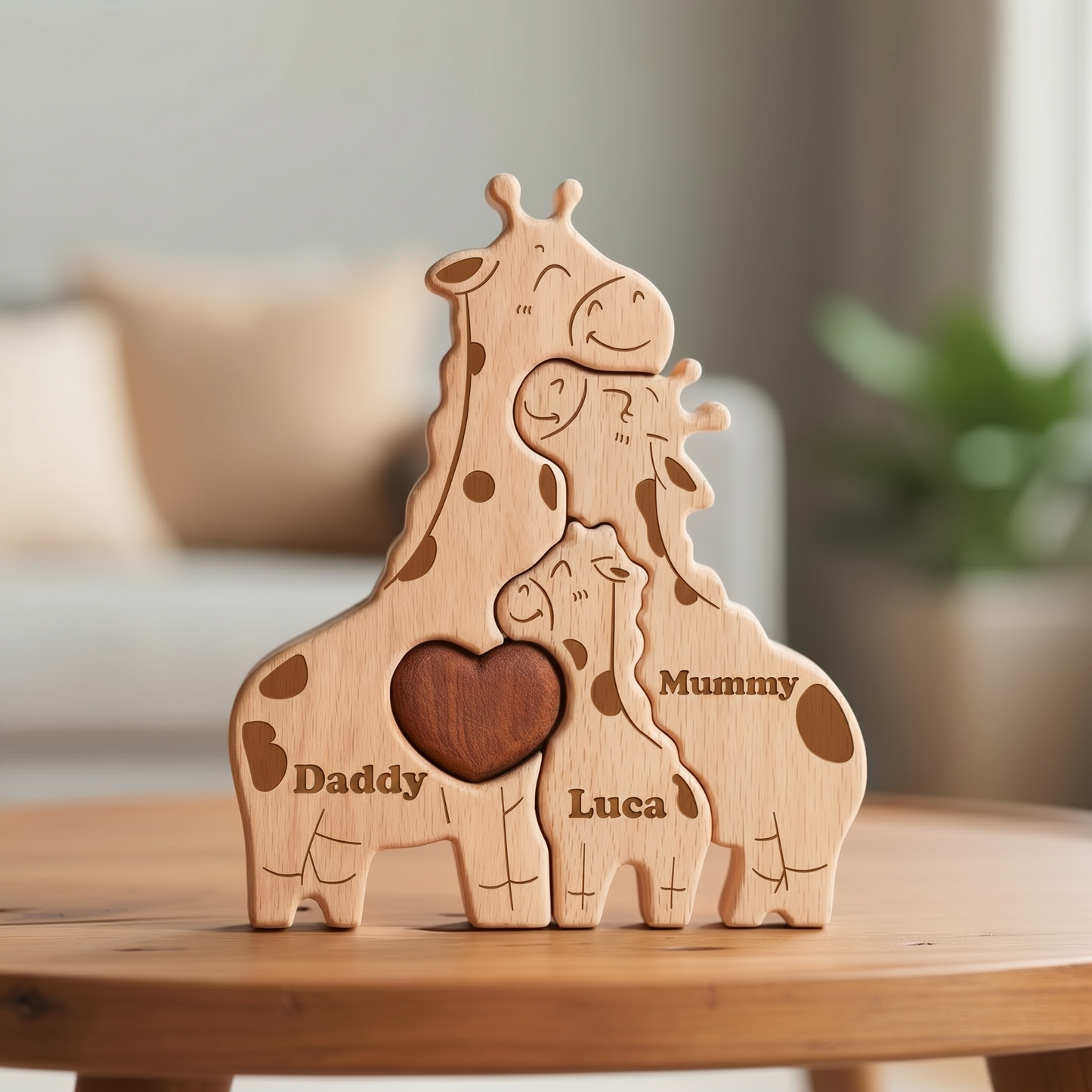 A Wooden Giraffe Family Puzzle For A New Baby Boy Girl Gift, Close up of custom engraved names stating 'Daddy' 'Mummy' 'Luca'. MyFamilyPuzzle UK Handmade Personalised Gift