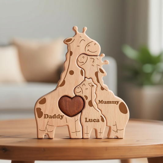 A Wooden Giraffe Family Puzzle For A New Baby Boy Girl Gift, Close up of custom engraved names stating 'Daddy' 'Mummy' 'Luca'. MyFamilyPuzzle UK Handmade Personalised Gift