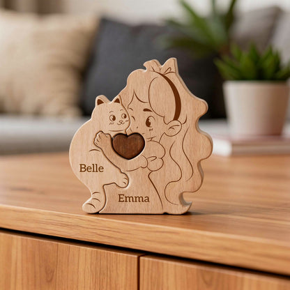 Personalised cat and girl wooden puzzle for child with cat and custom names on a wood shelf