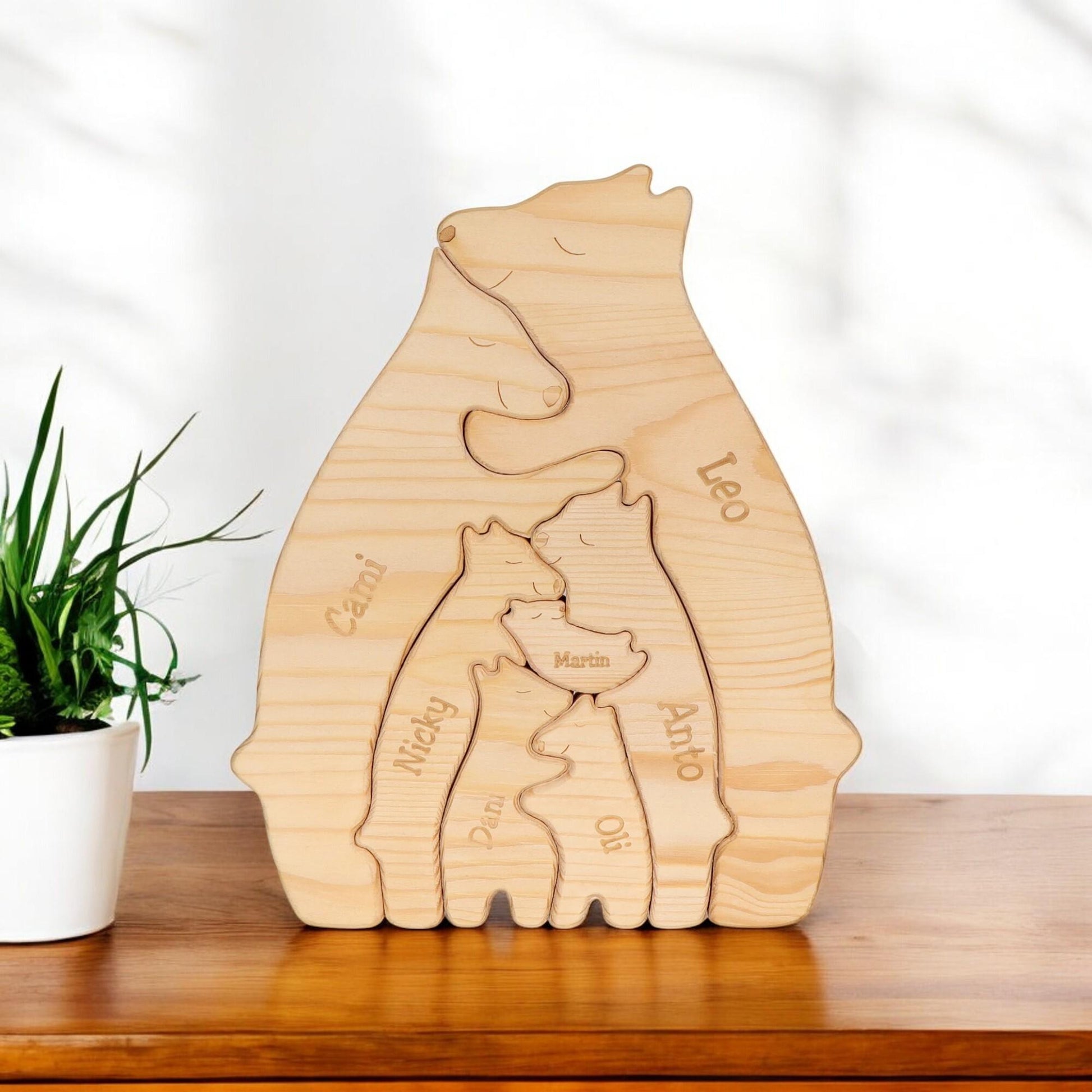 Handcrafted bear family puzzle with display stand in premium pine wood
