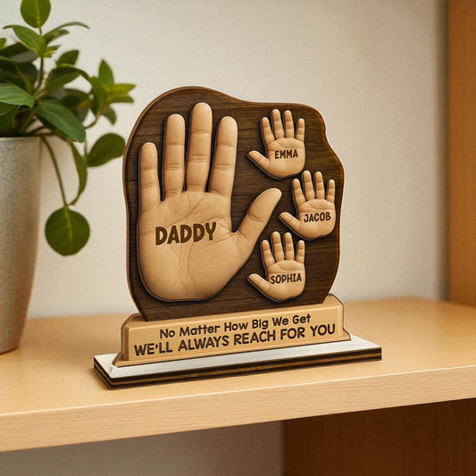 Handcrafted dad handprint plaque in premium pine for Father's Day gift on a shelf