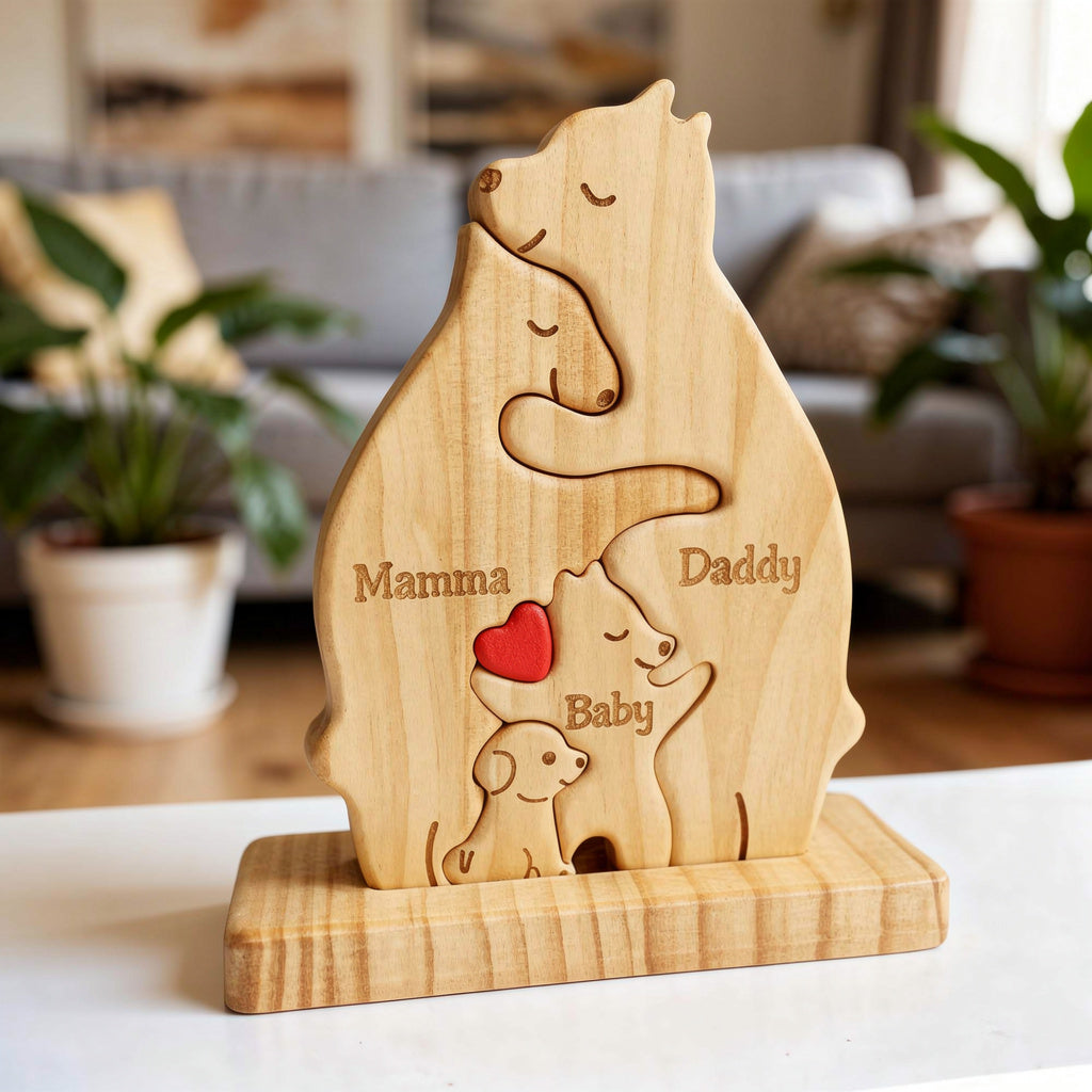 Handmade bear family and dog keepsake in premium pine wood