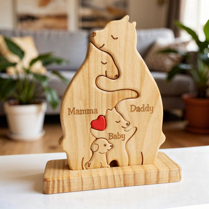 Handmade bear family and dog keepsake in premium pine wood